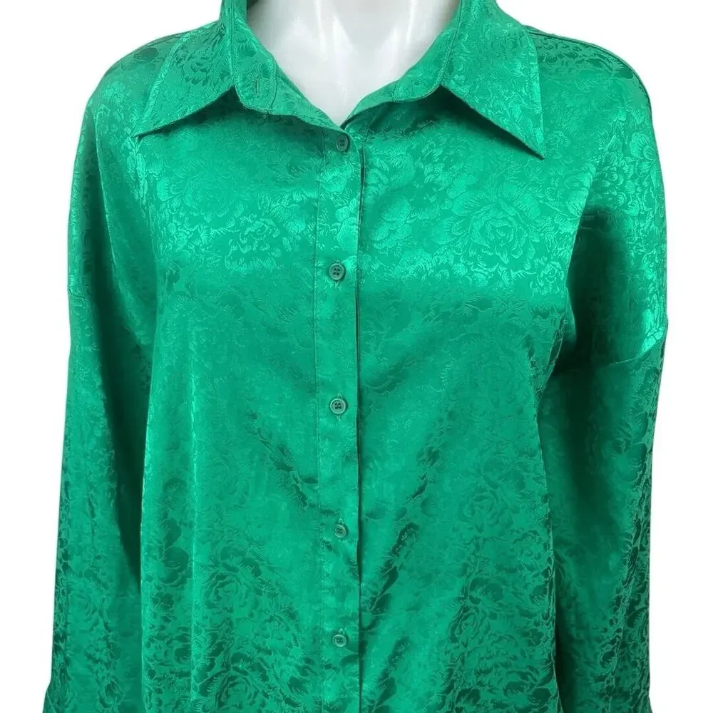 12th Tribe Green Silky Satin Floral Long Sleeve Button Down Mini Shirt Dress M